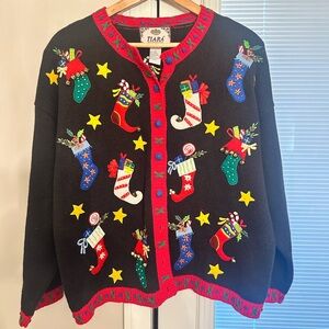 🎄🎅🏻Vintage 2000’s Tiara Christmas cardigan “ugly Christmas sweater” w/stockings